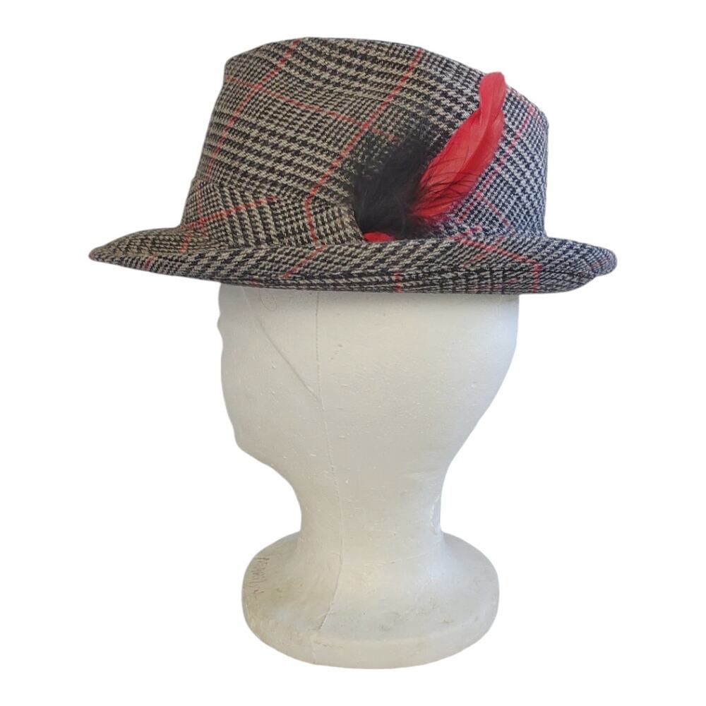 Grey Black Plaid Fedora Hat w/ Feather Embellishment Unisex Male Female Size M